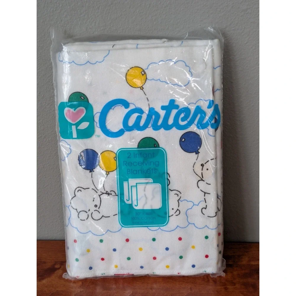 Vintage Carter's Infant Baby Receiving Blankets Bear Balloon Polk Dot Rare White